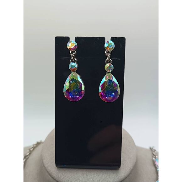 Iridescent Austrian Crystal Flower Necklace & Earrings Set, Silver Tone - Picture 3 of 4